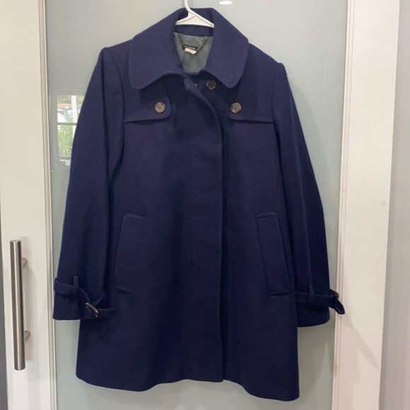 J. Crew Women's Navy Blue Pea Wool Coat Winter Long Trench Sz 2 - Picture 1 of 7